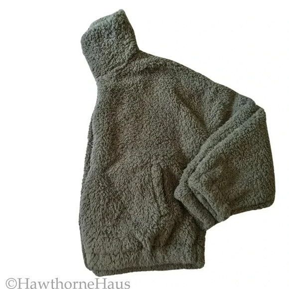 SO Fleece Teddy Jacket Size L Olive Faux Fur Sherpa Oversized Coat Pockets Zip - Picture 1 of 7